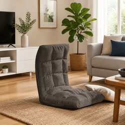 Folding Floor Chair Grey Fabric Padded Lounger Adjustable Reclining Seat Gaming