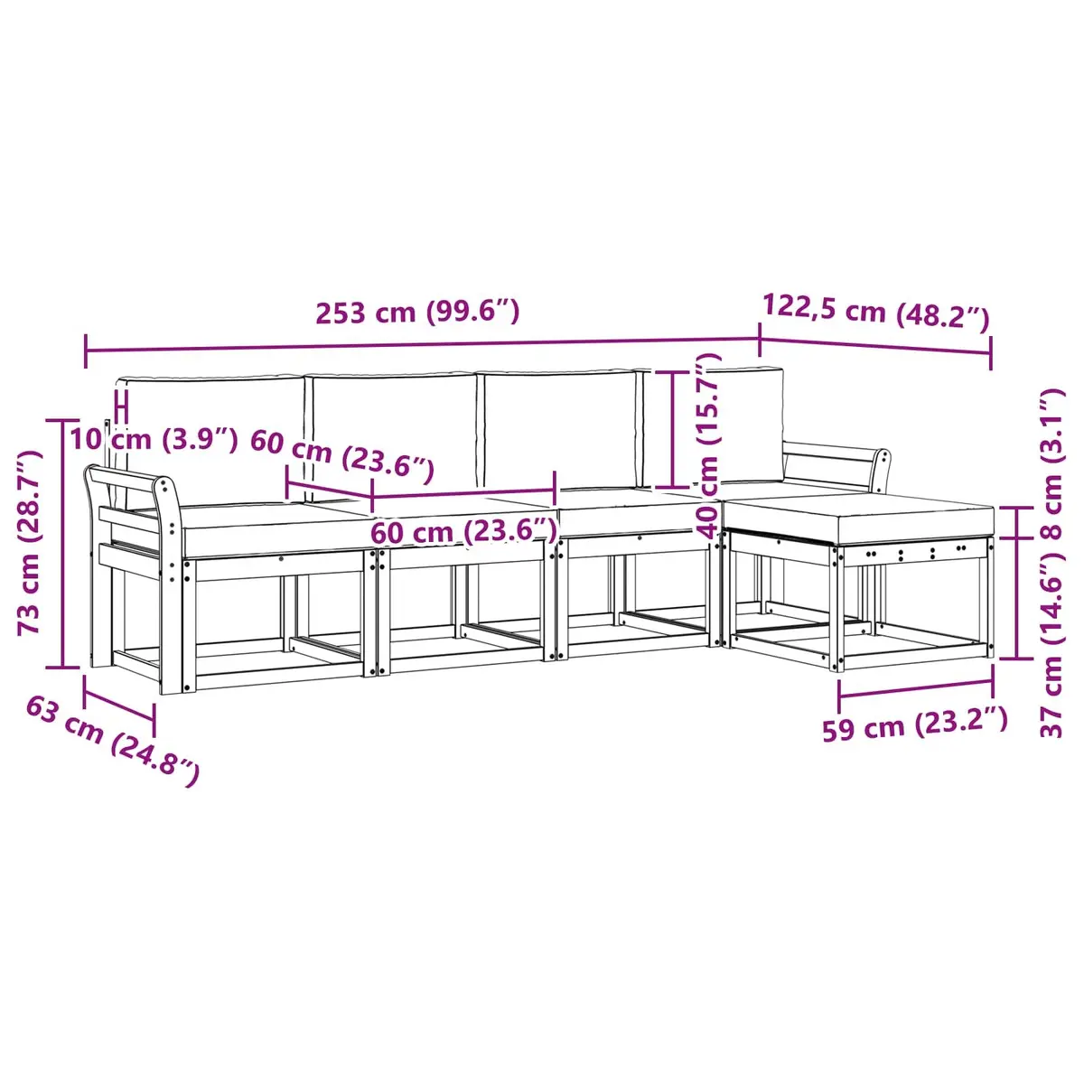 5 Piece Outdoor Sectional Sofa Set Garden Patio Furniture Acacia Wood Brown