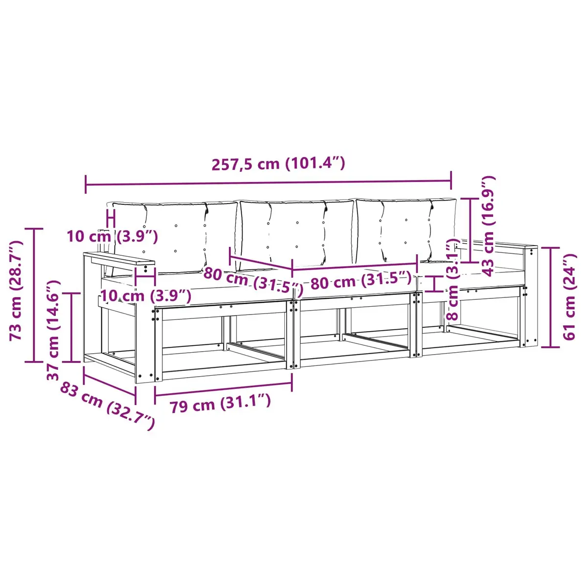 Outdoor Sofa Set Modular Sectional 3 Piece Brown Wood