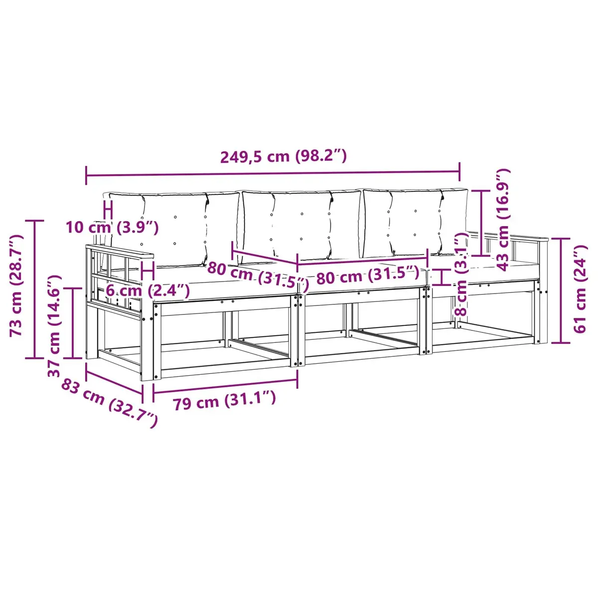 Outdoor Sofa Set Modular Garden Patio Sectional 3 Piece Brown