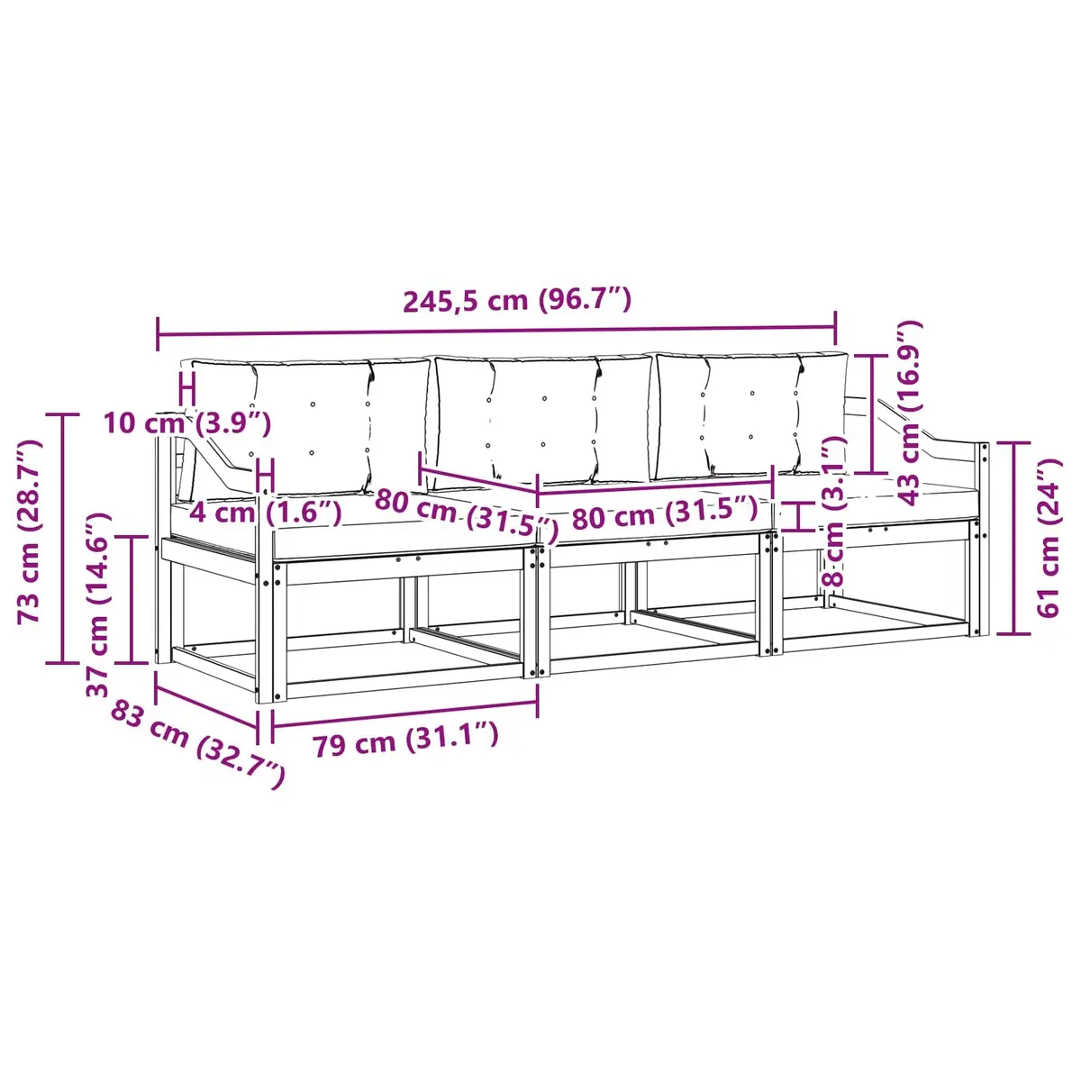 Outdoor Sofa Set Modular Garden Patio Sectional Furniture 3 Piece Brown Wood