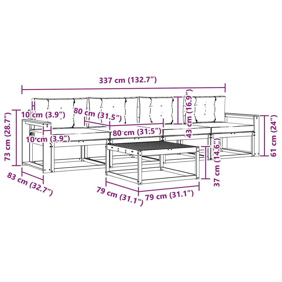 Outdoor Sectional Sofa Set 5 Piece Modern Garden Patio Furniture Natural Brown Anthracite