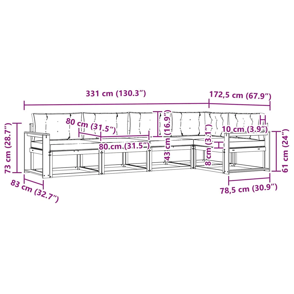 Outdoor Sectional Sofa Set Modular Garden Patio Furniture 5 Pieces Brown