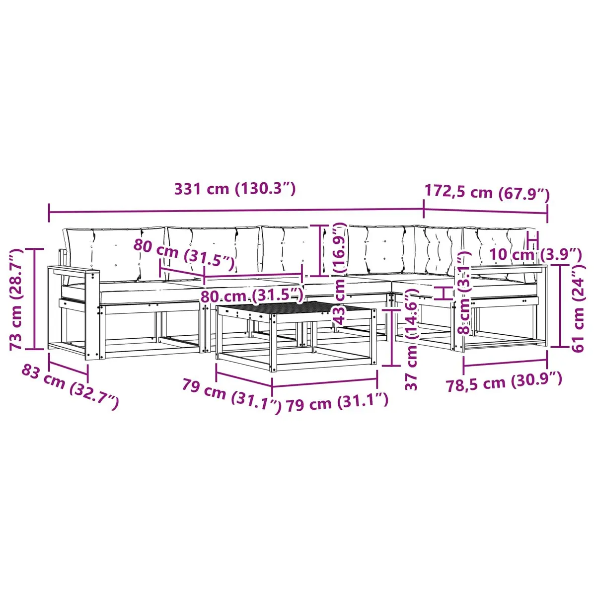 Outdoor Sectional Sofa Set Modular Garden Patio Lounge 6 Piece Brown