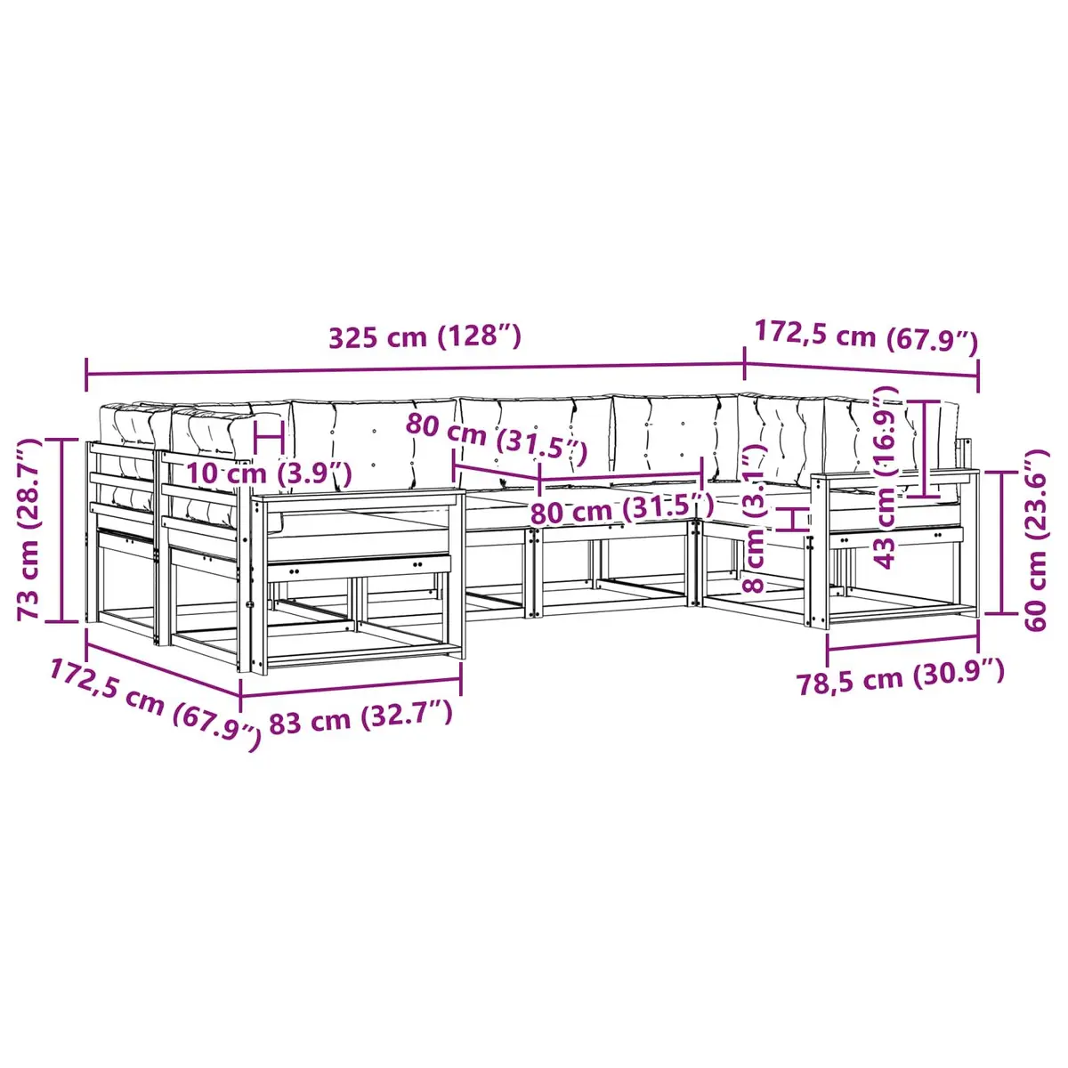 Outdoor Sectional Sofa Set 6 Pieces Garden Patio Furniture Brown
