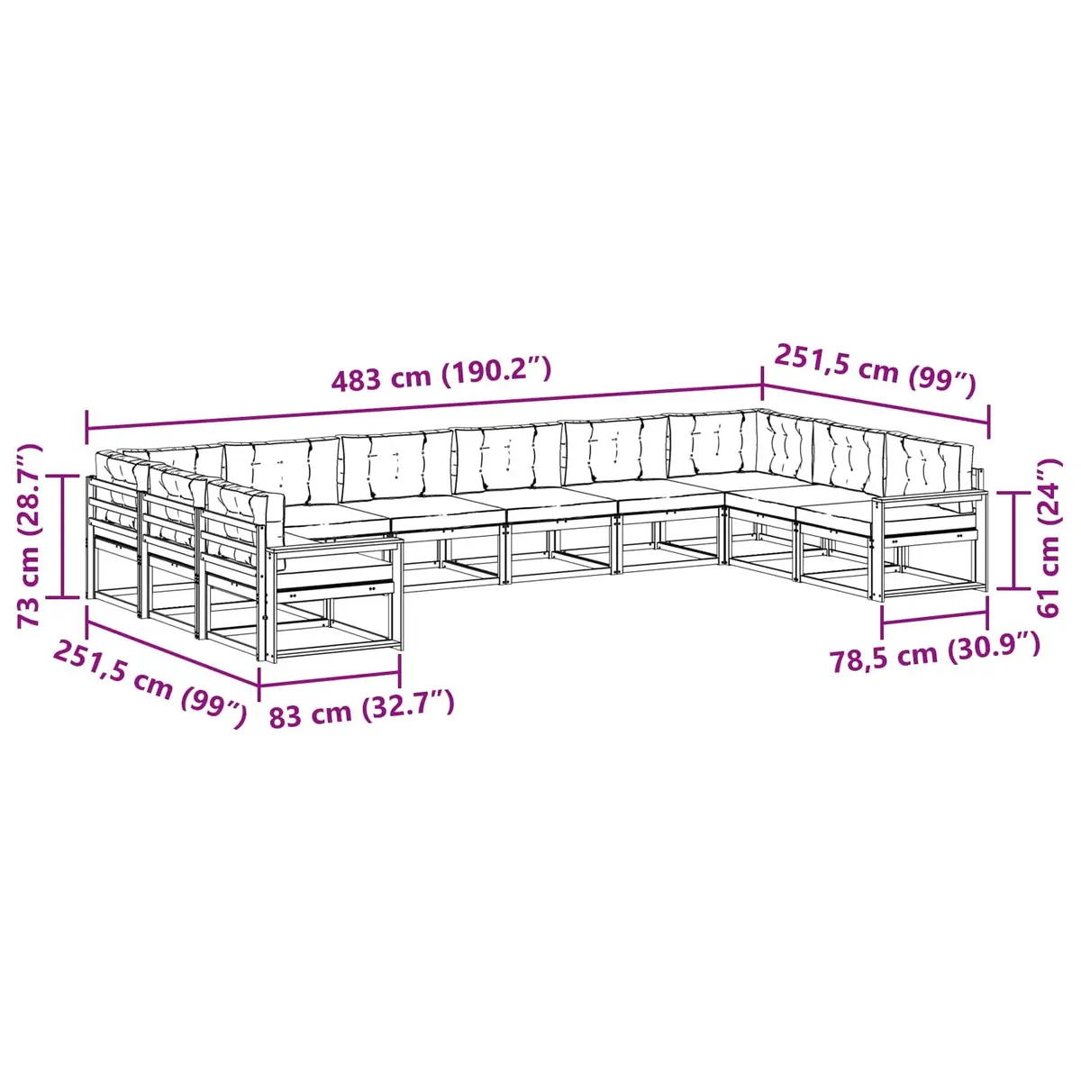 Outdoor Sectional Sofa Set Modern Garden Furniture 10 Piece Brown