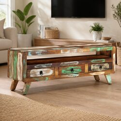 Warm and Stylish TV Cabinet in Multicolour Reclaimed Wood 110x30x40 cm