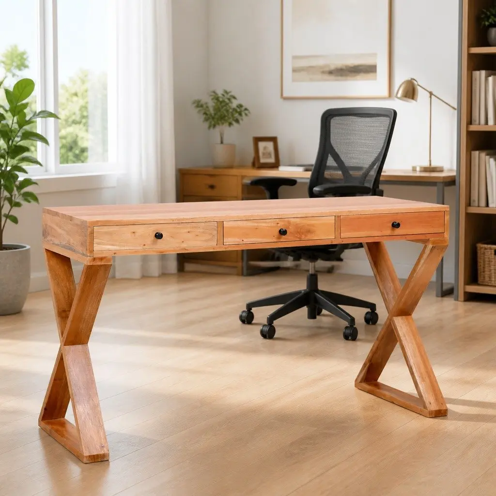 Computer Desk Solid Mahogany Wood Natural Home Office Writing Table 115 x 47 x 77 cm