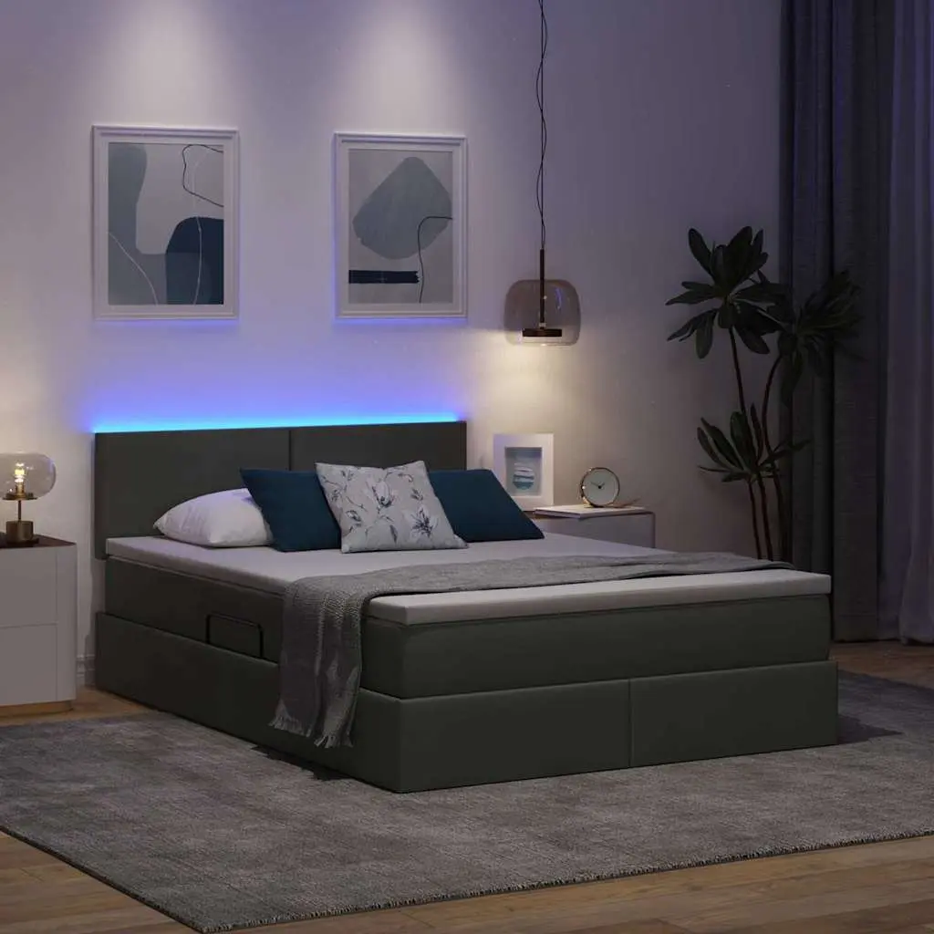 LED Storage Bed with Mattress Dark Grey 152 x 203 cm Gas Lift Upholstered Frame