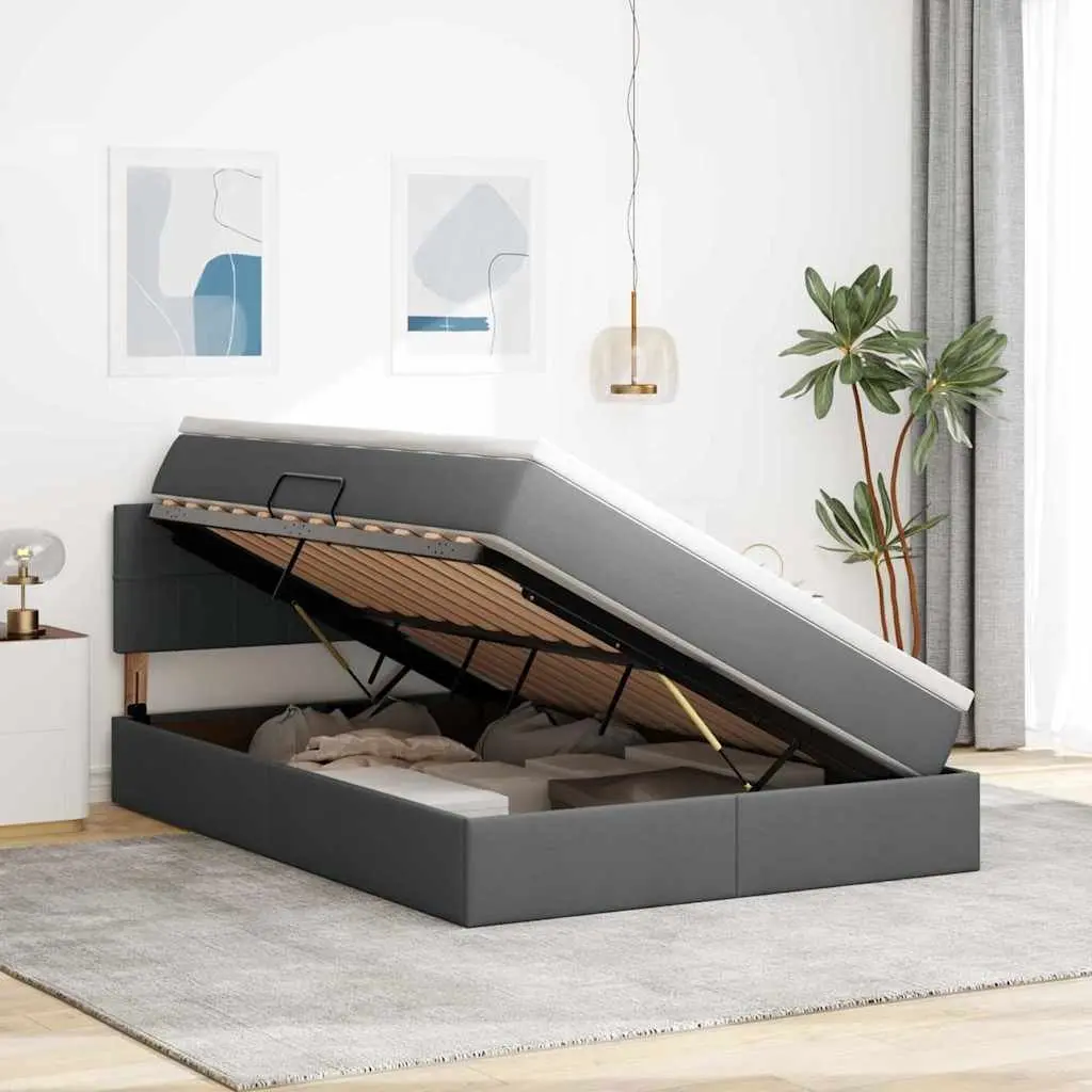 Storage Bed with Mattress 152 x 203 cm Dark Grey Upholstered Frame with LED Lighting