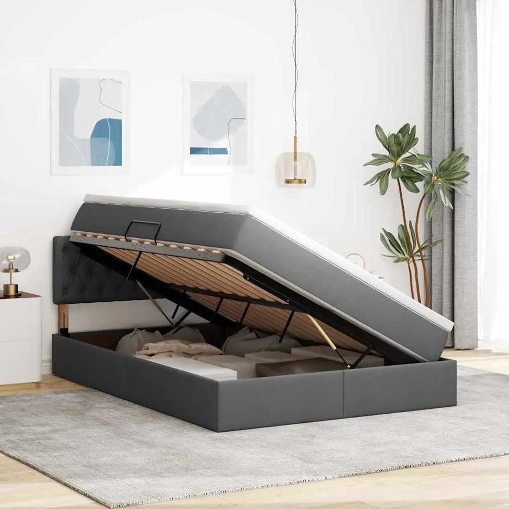 LED Storage Bed with Mattress 152 x 203 cm Dark Grey