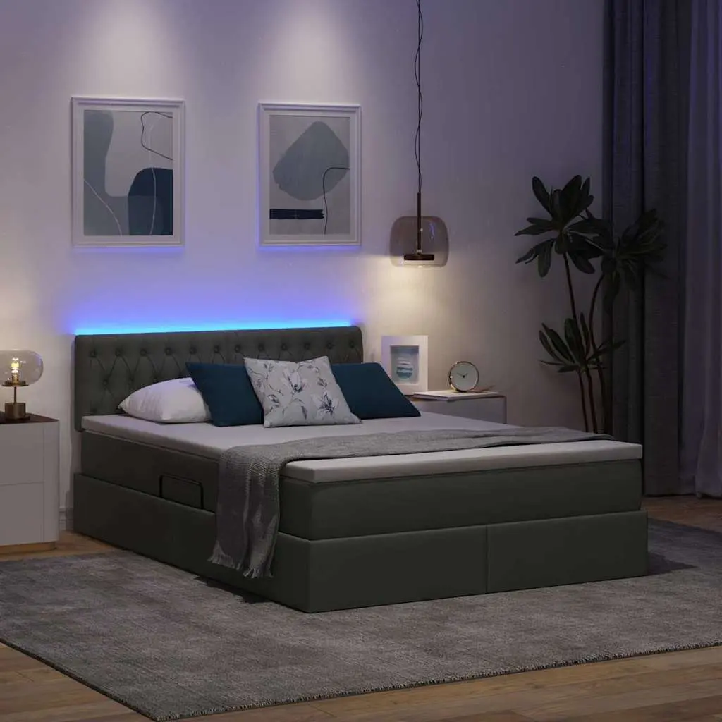 LED Storage Bed with Mattress 152 x 203 cm Dark Grey