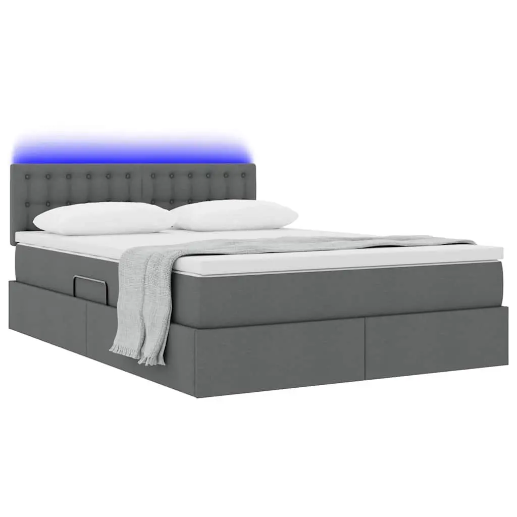LED Storage Bed with Mattress 152x203cm Dark Grey Upholstered Frame