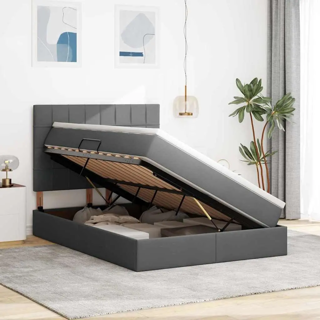 LED Storage Bed with Mattress Dark Grey 152 x 203 cm Upholstered Frame Bedroom