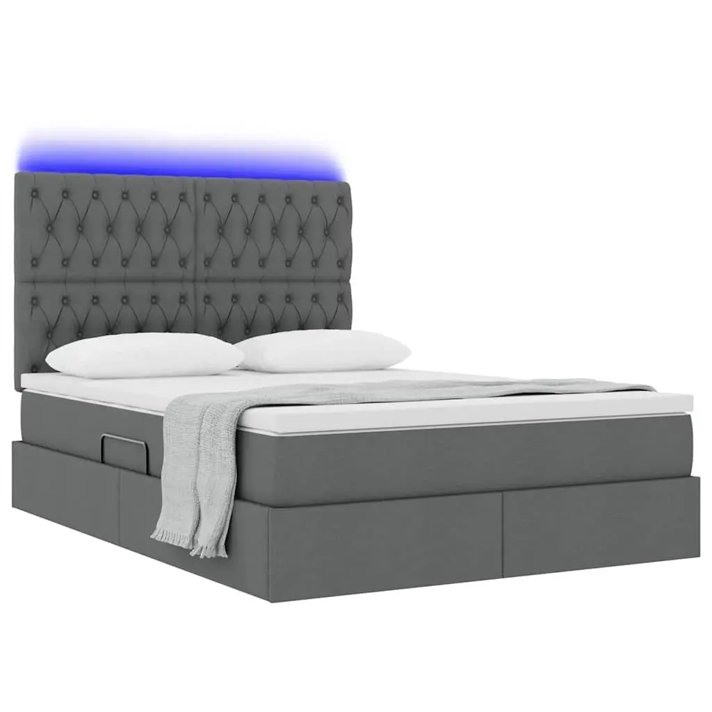 LED Storage Bed with Mattress Dark Grey 152x203cm Padded Headboard Underbed