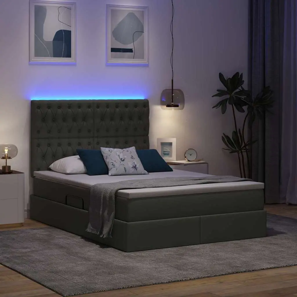 LED Storage Bed with Mattress Dark Grey 152x203cm Padded Headboard Underbed