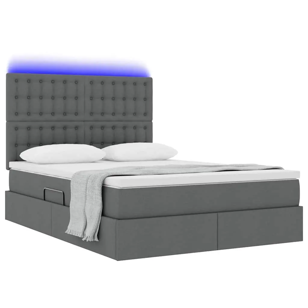 LED Storage Bed with Mattress Queen Size Dark Grey Upholstered Headboard
