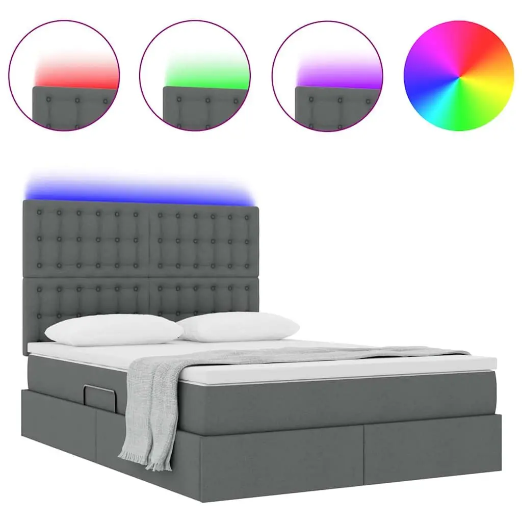 LED Storage Bed with Mattress Queen Size Dark Grey Upholstered Headboard