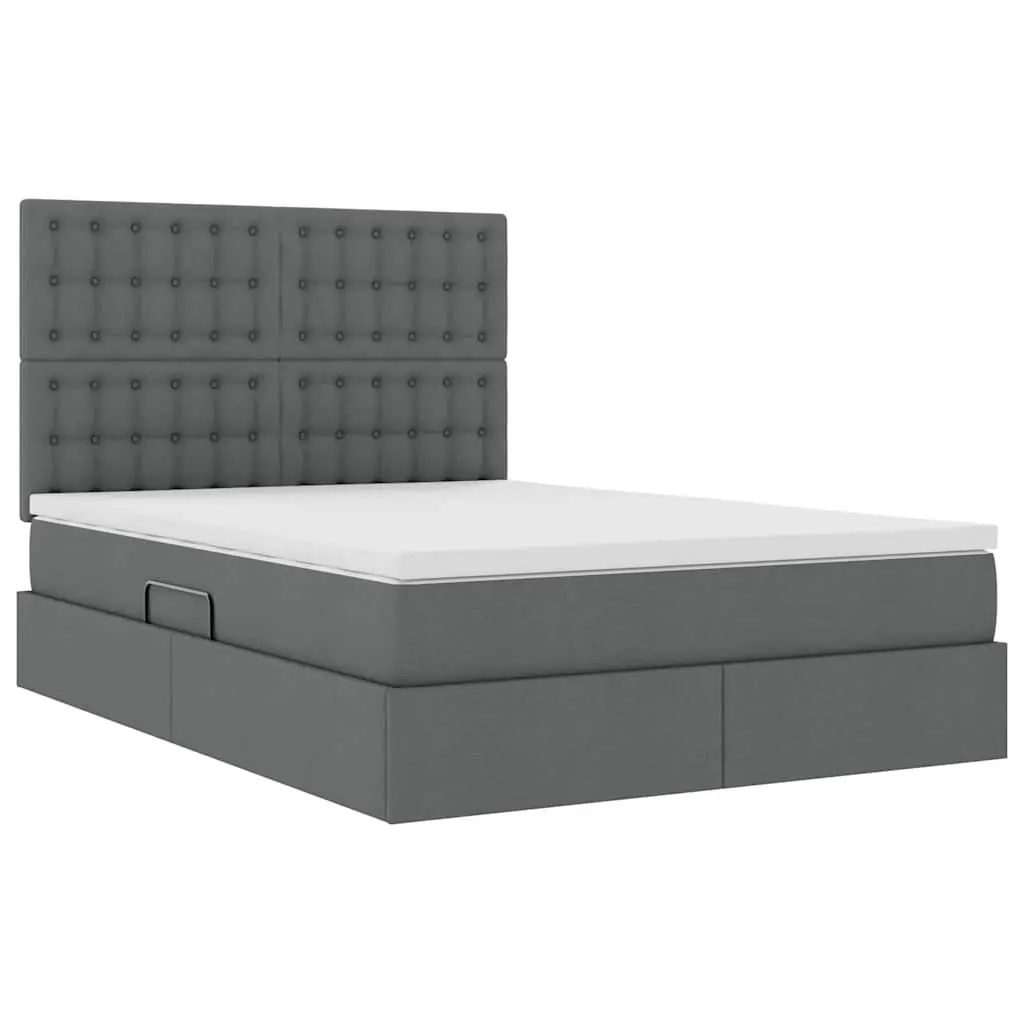 LED Storage Bed with Mattress Queen Size Dark Grey Upholstered Headboard