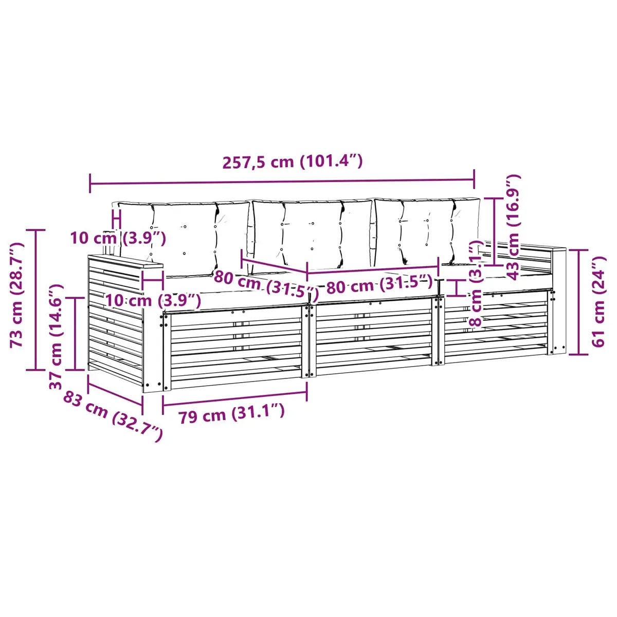 Outdoor Sofa Set 3 Piece Modular Garden Furniture Natural Anthracite Acacia Wood