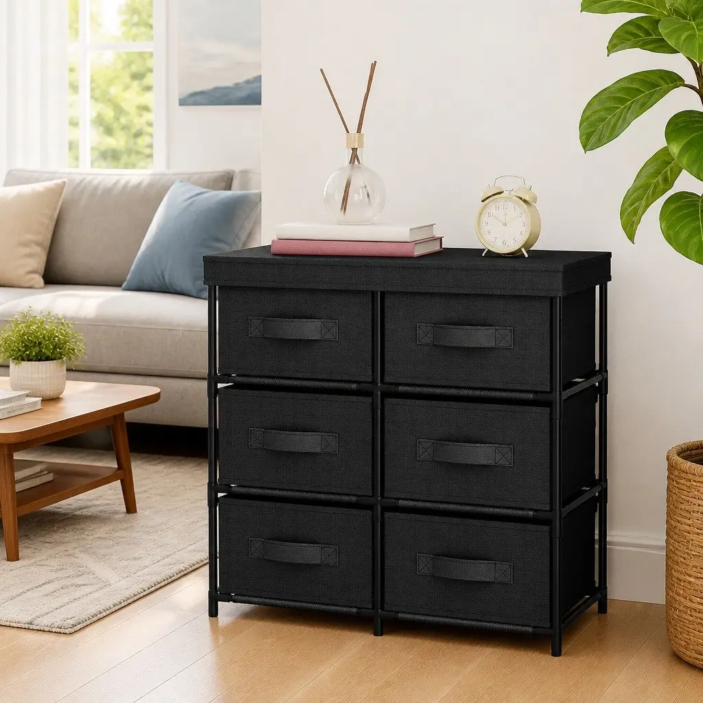 Storage Cabinet Organiser 6 Drawers Black Fabric Steel Frame Unit
