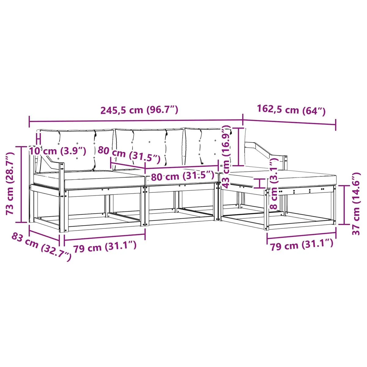 Outdoor Sofa Set Modular Seating Natural Anthracite Acacia Wood 2455 x 1625 x 730 mm