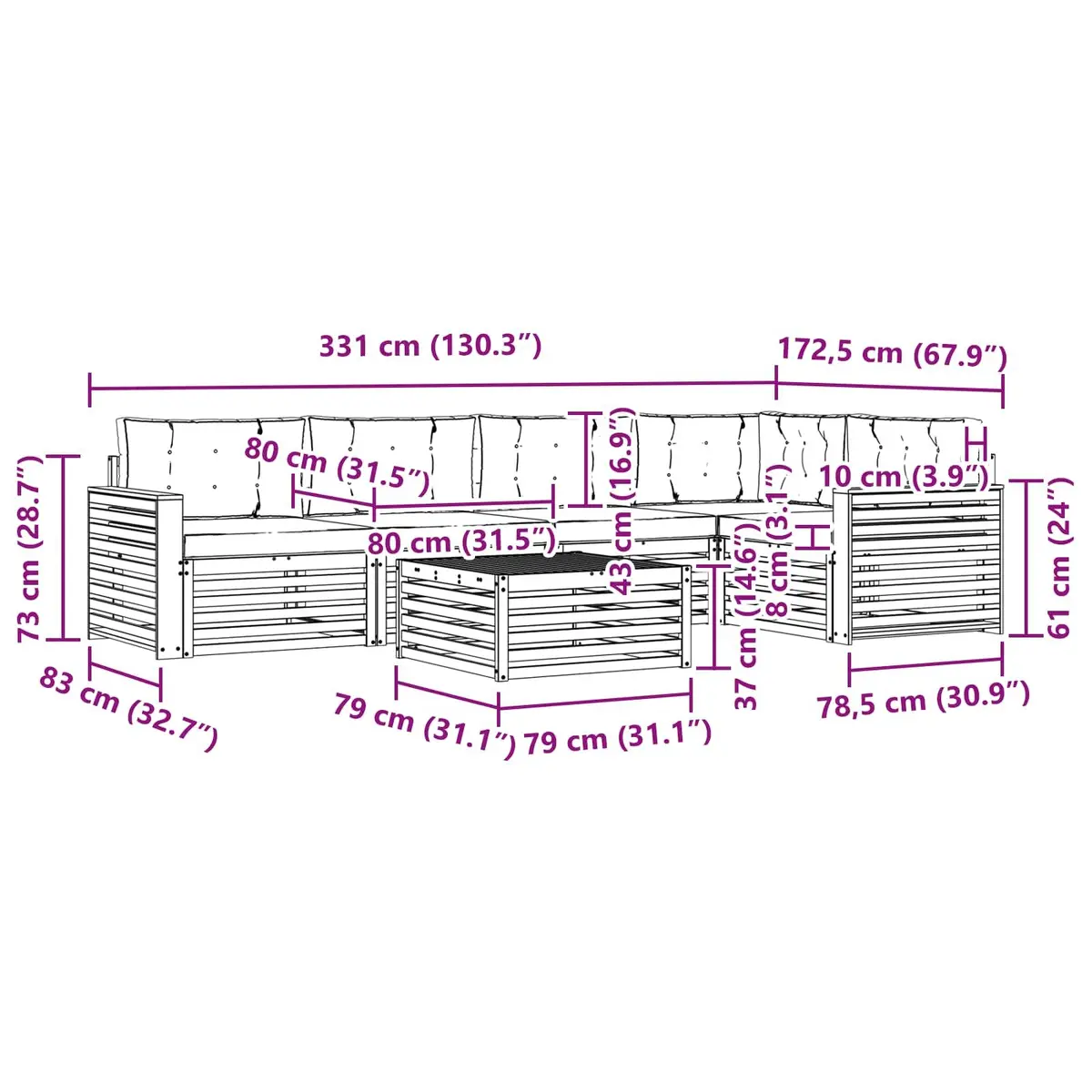 Outdoor Sofa Set 6 Piece Garden Furniture Modular Patio Lounge with Cushions