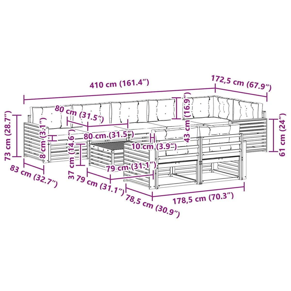 Outdoor Sofa Set 9 Pieces Garden Furniture Lounge Seating with Cushions