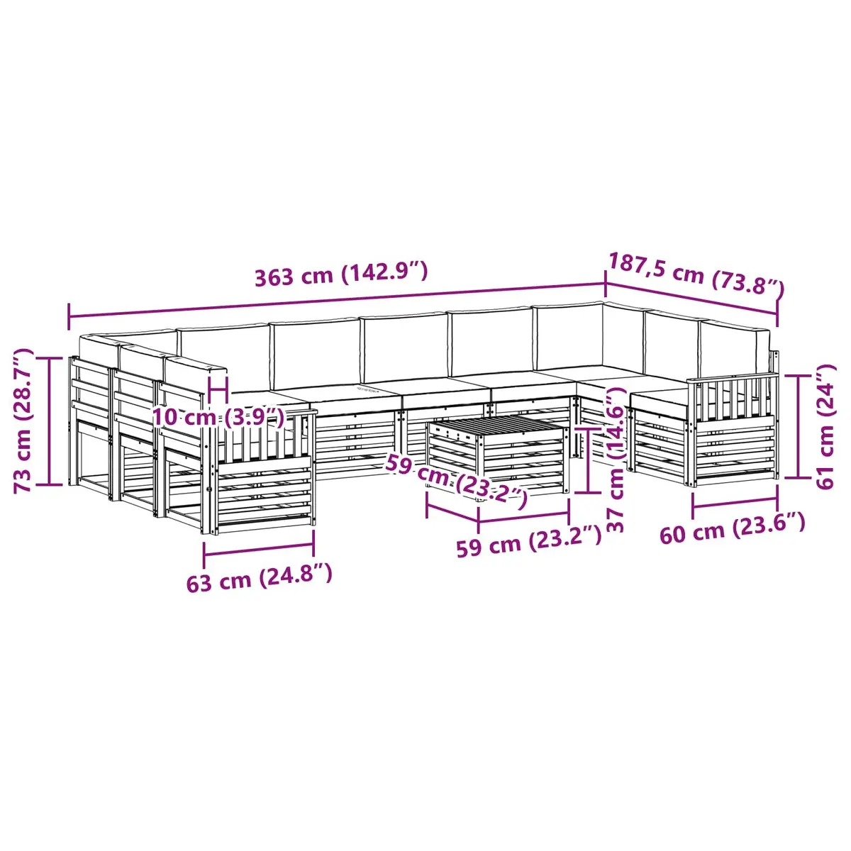 Outdoor Sofa Set Modular Garden Furniture 11 Piece Acacia Wood Brown with Cushions