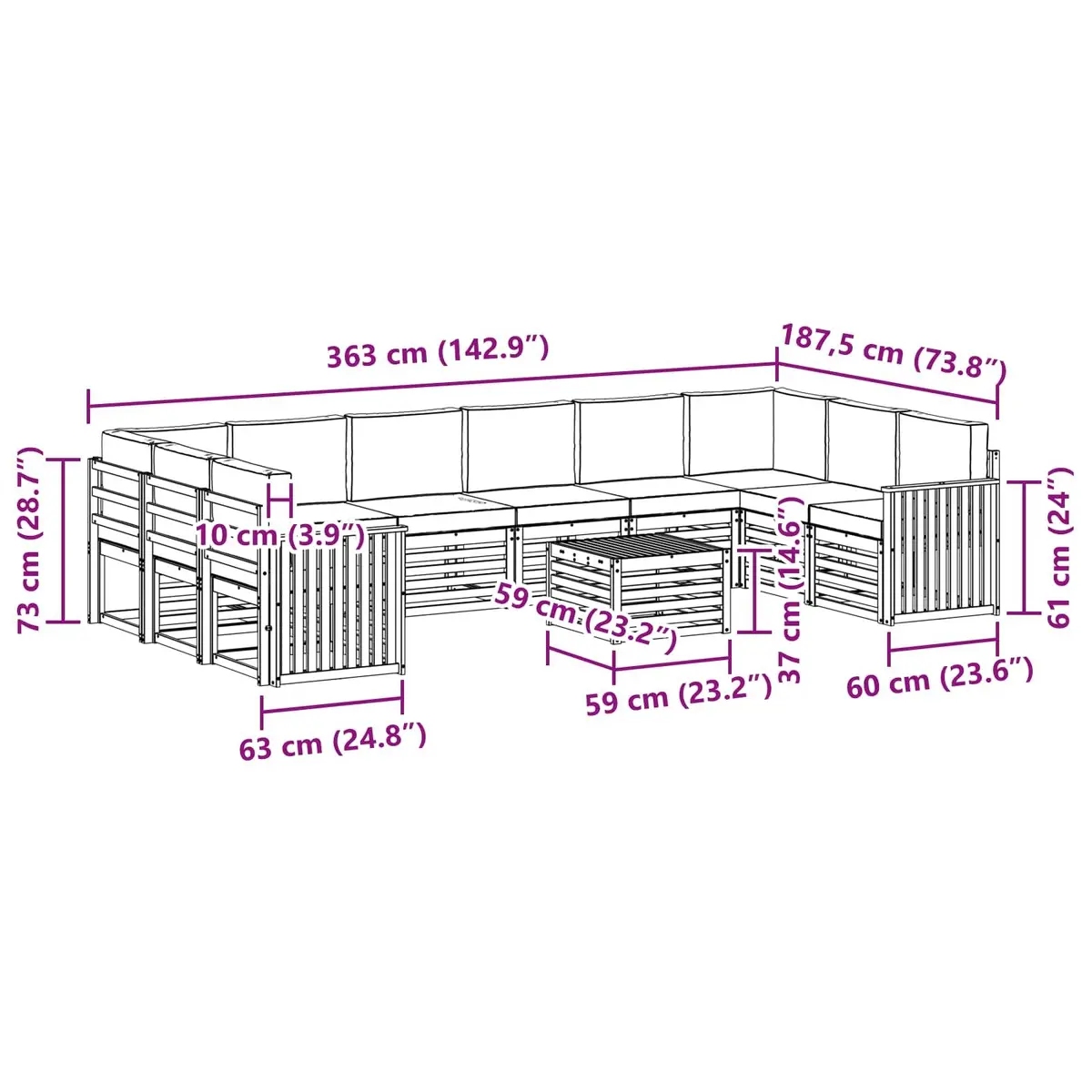 Outdoor Sofa Set Modular Garden Furniture 11 Piece Acacia Wood with Cushions Natural Anthracite