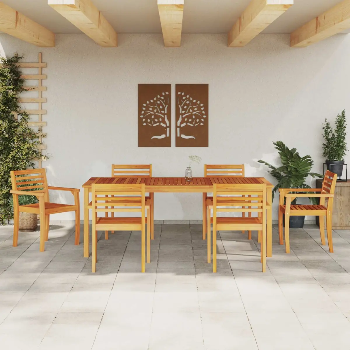 Garden Dining Set 7 Piece Brown Solid Acacia Wood Outdoor Furniture Patio Table