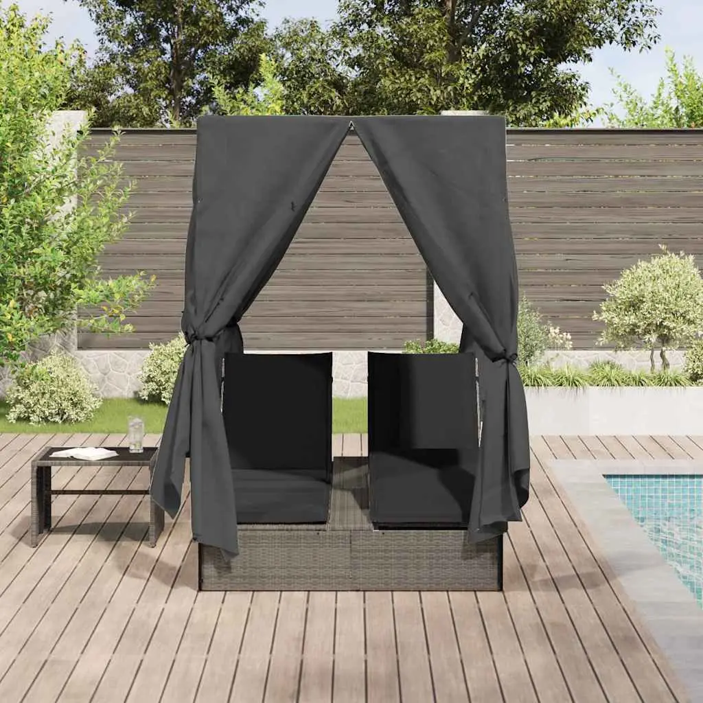 Double Sun Lounger Outdoor Garden Furniture Adjustable Grey with Roof Curtains