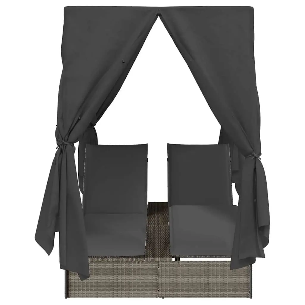 Double Sun Lounger Outdoor Garden Furniture Adjustable Grey with Roof Curtains