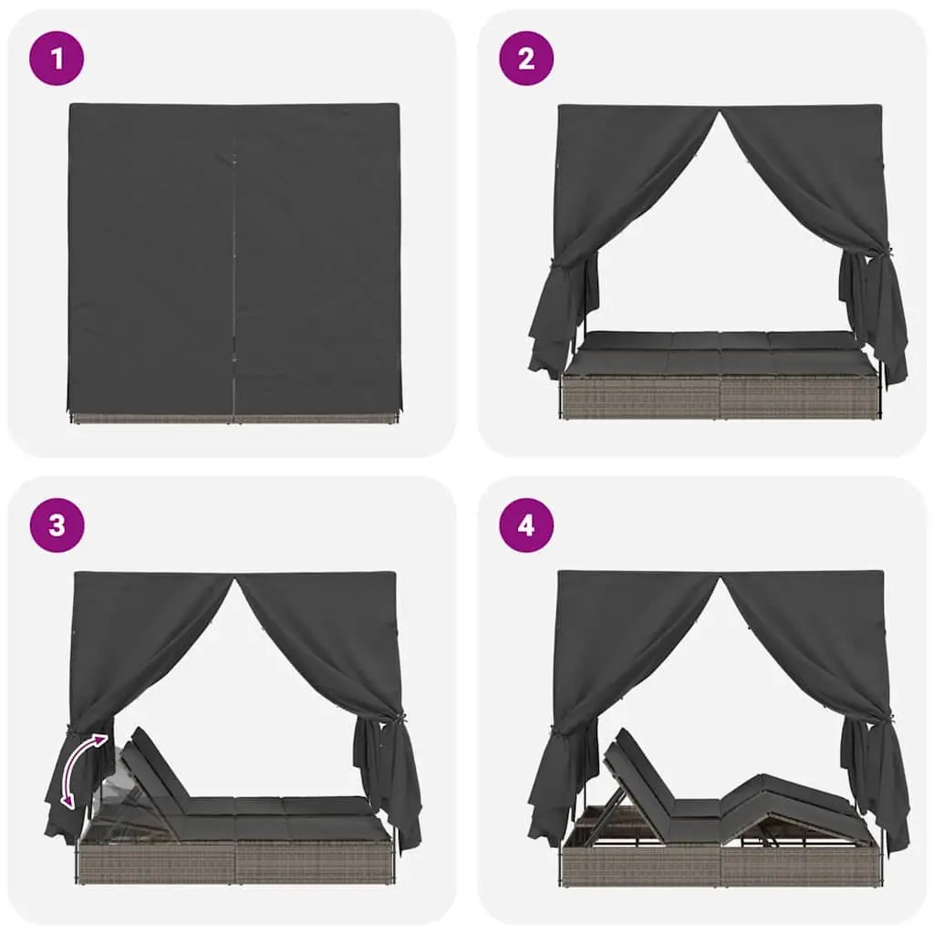 Double Sun Lounger Outdoor Garden Furniture Adjustable Grey with Roof Curtains