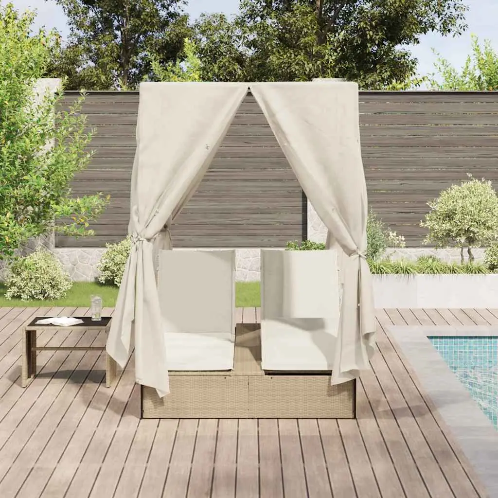 Double Sun Lounger Outdoor Bed Adjustable Backrest Beige