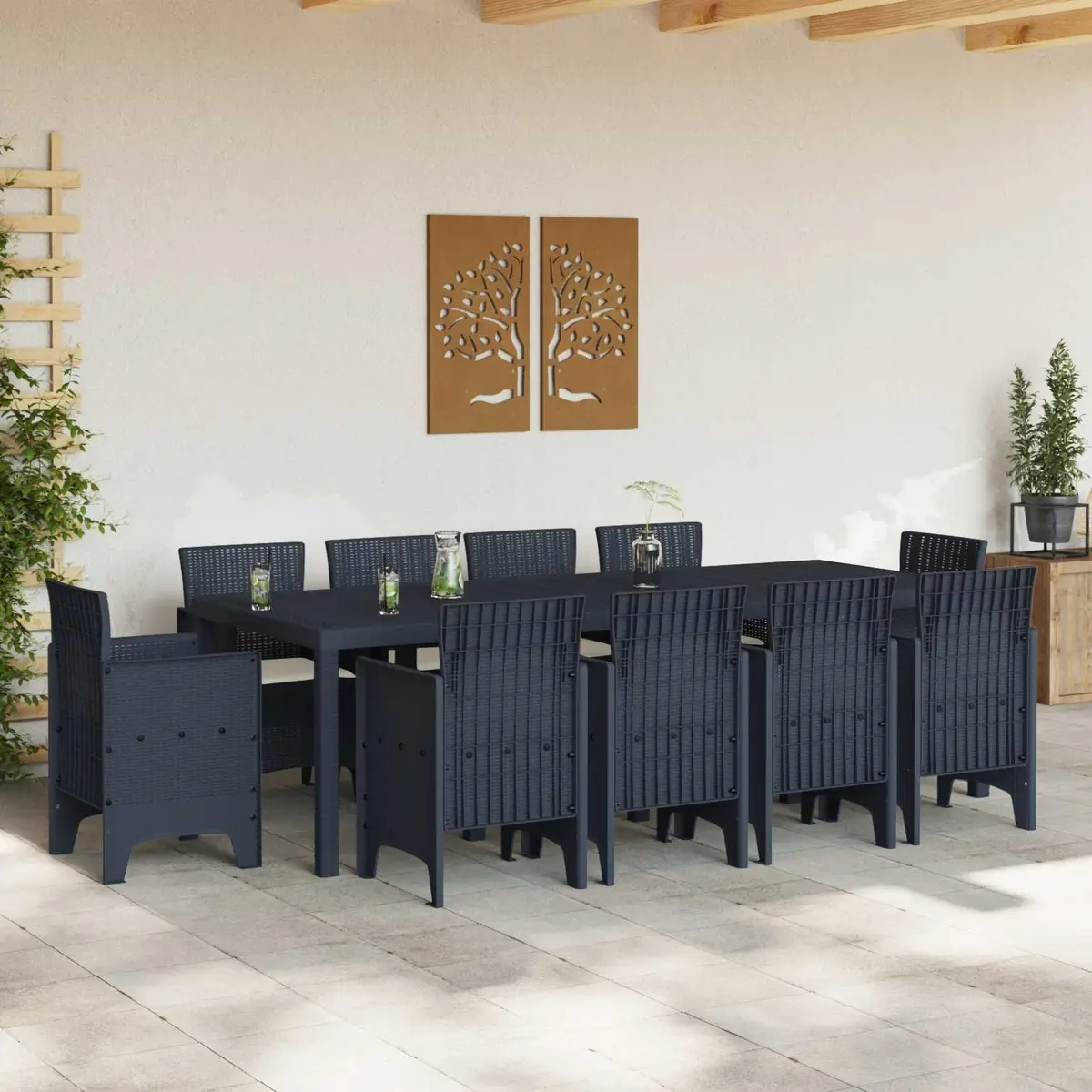 Outdoor Dining Set 11 Piece Rectangular Table and Chairs Anthracite Poly Rattan Modern