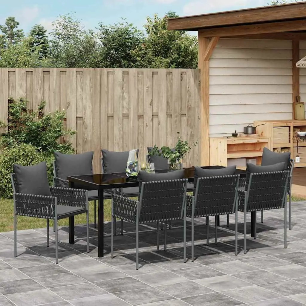 Garden Dining Set 9 Pieces Outdoor Furniture Black Grey PE Rattan Steel Frame