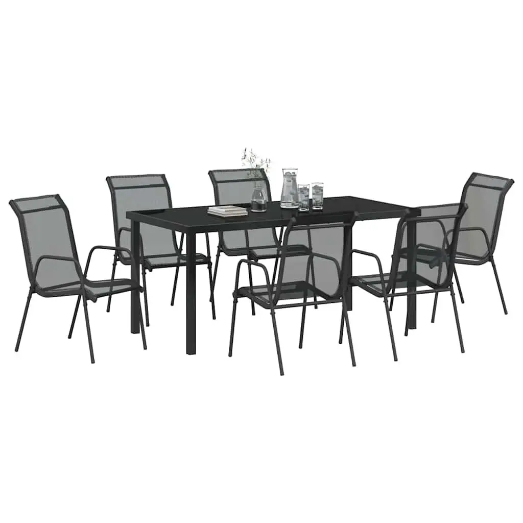 Garden Dining Set 7 Piece Outdoor Furniture Black Steel Frame Mesh Seats