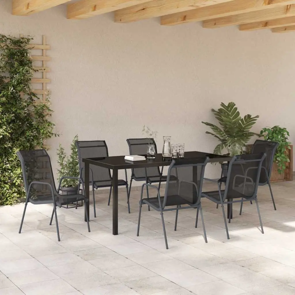 Garden Dining Set 7 Piece Outdoor Furniture Black Steel Frame Mesh Seats
