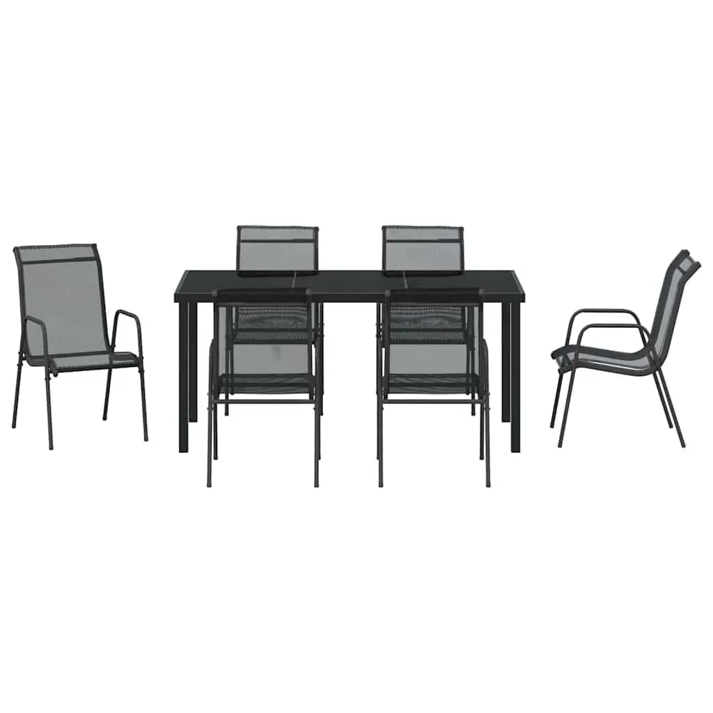 Garden Dining Set 7 Piece Outdoor Furniture Black Steel Frame Mesh Seats