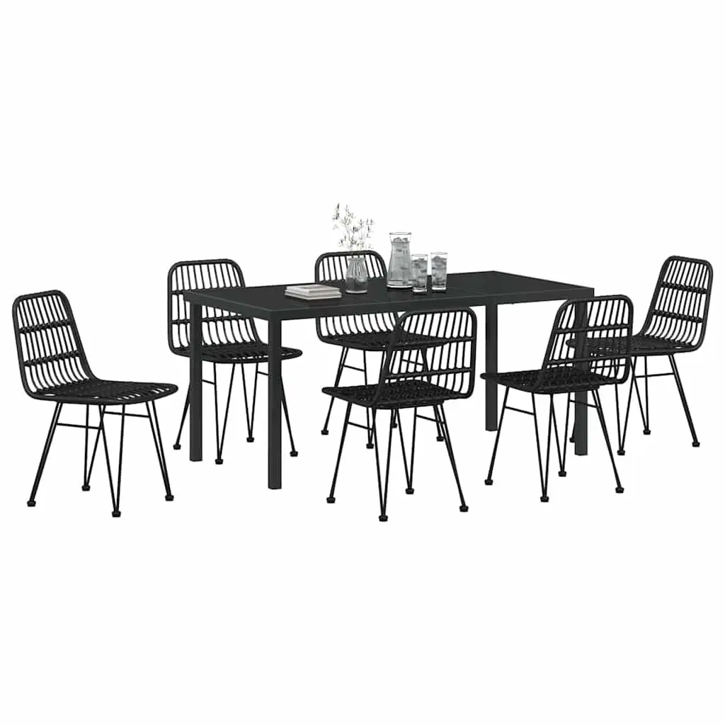 Garden Dining Set 7 Piece Outdoor Furniture Rectangular Table Black Poly Rattan Weave Steel Frame