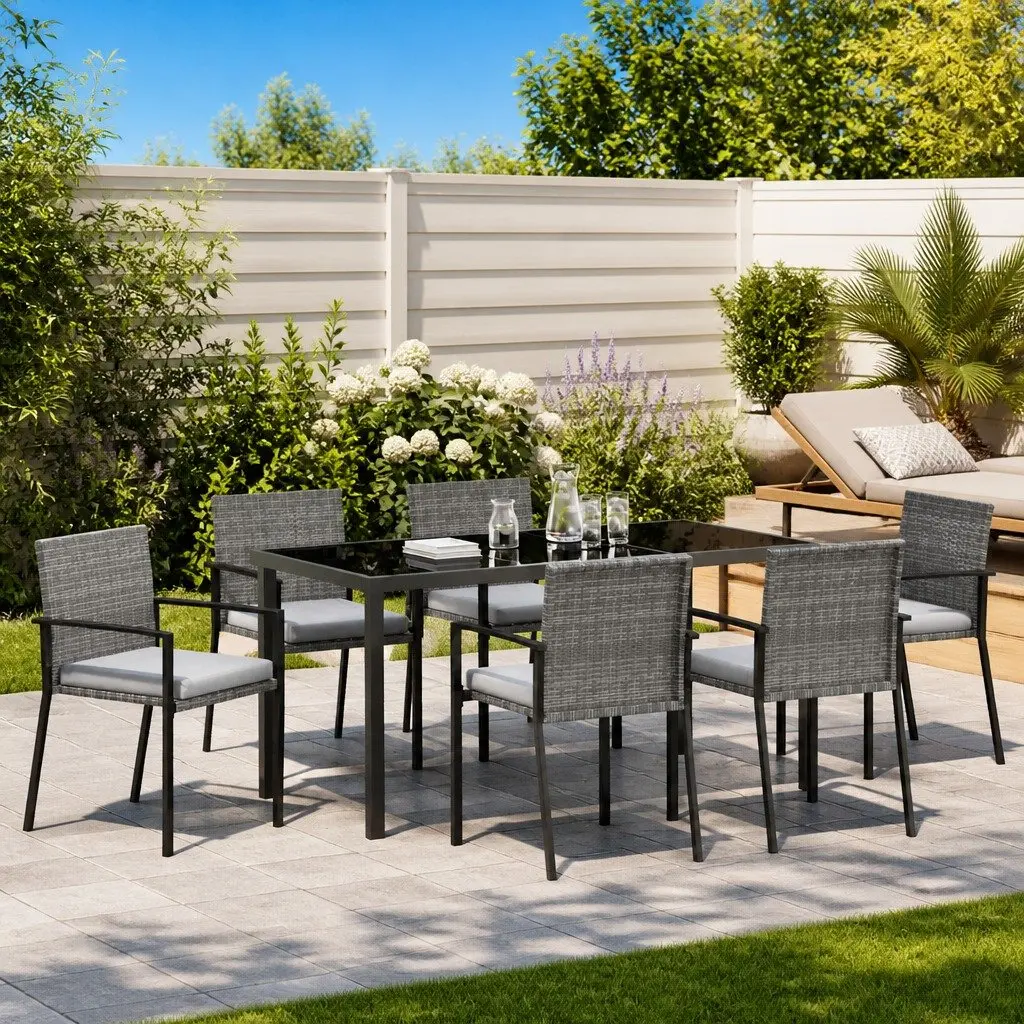 Outdoor Furniture Dining Set 7 Pieces Poly Rattan Seats Steel Frame Grey