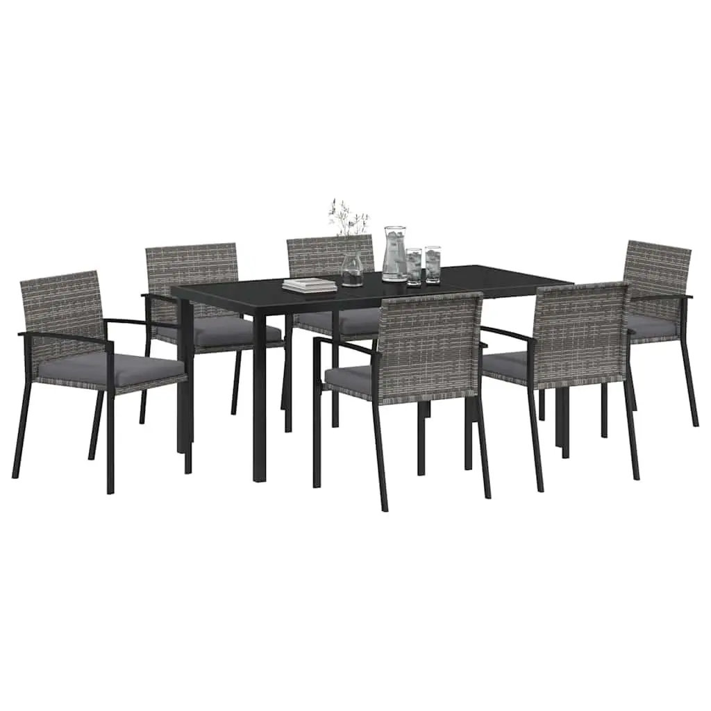 Outdoor Furniture Dining Set 7 Pieces Poly Rattan Seats Steel Frame Grey
