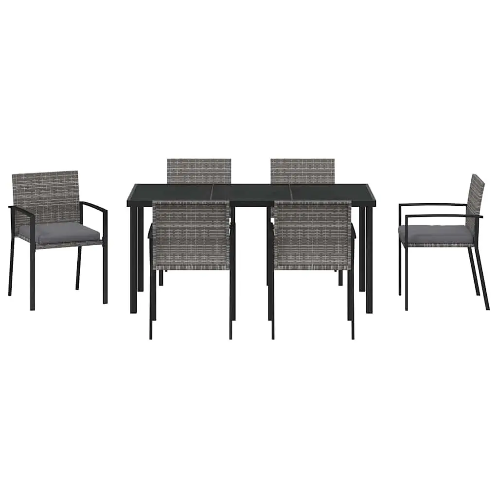 Outdoor Furniture Dining Set 7 Pieces Poly Rattan Seats Steel Frame Grey