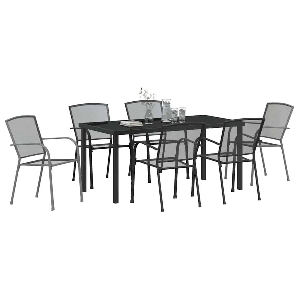 Garden Dining Set 7 Piece Outdoor Furniture Rectangular Table with Glass Top and Chairs Anthracite Steel