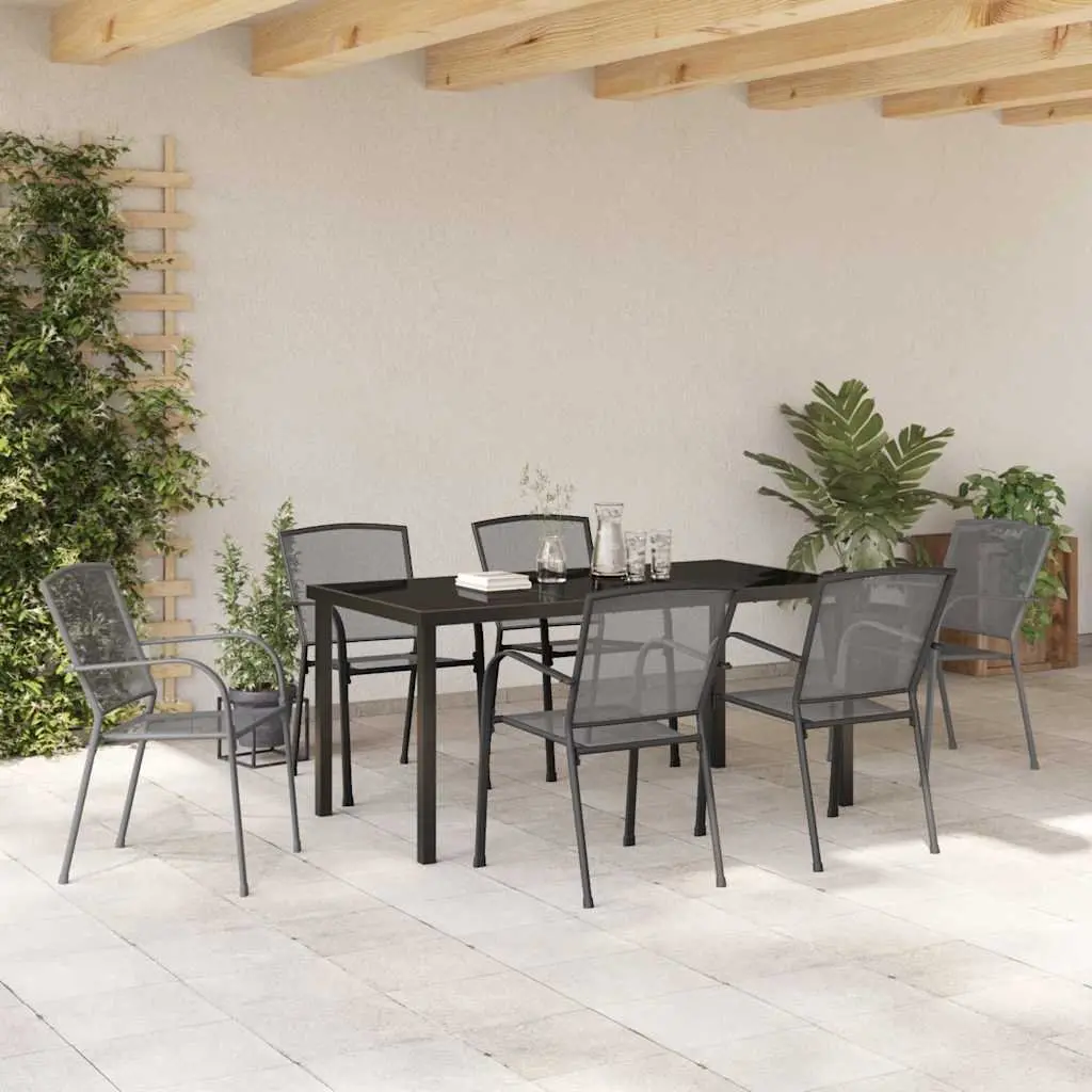 Garden Dining Set 7 Piece Outdoor Furniture Rectangular Table with Glass Top and Chairs Anthracite Steel