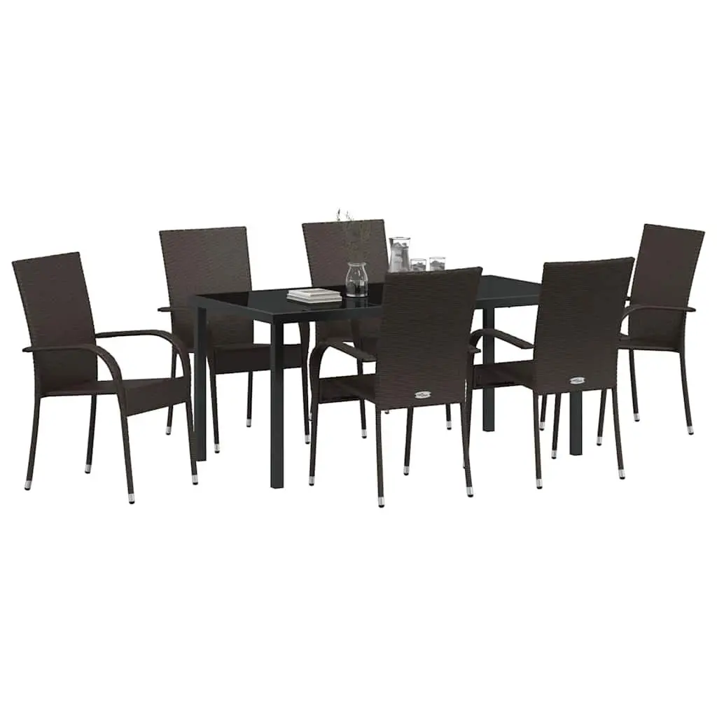 Garden Dining Set 7 Pieces Outdoor Furniture Rectangular Brown Poly Rattan Steel Frame