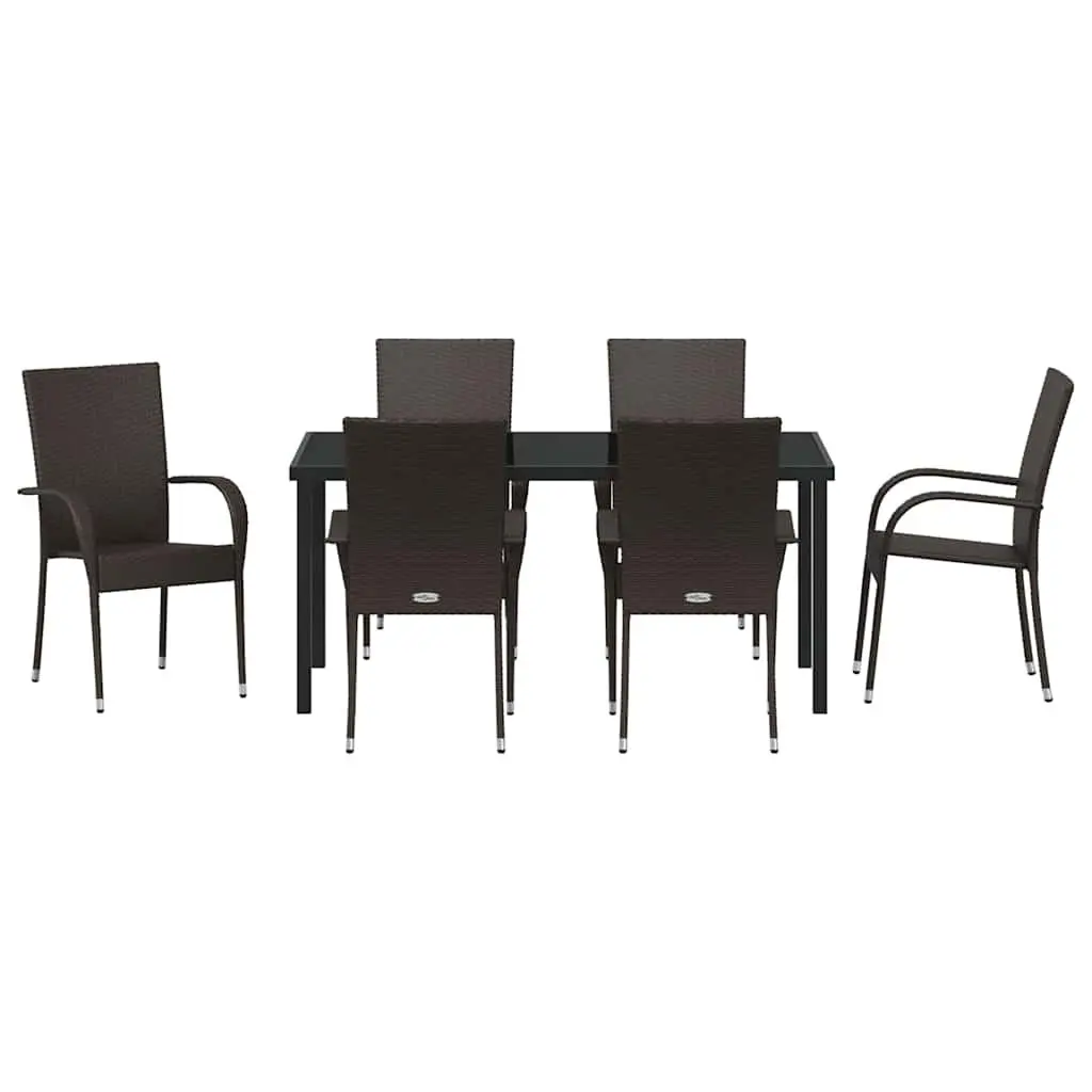 Garden Dining Set 7 Pieces Outdoor Furniture Rectangular Brown Poly Rattan Steel Frame