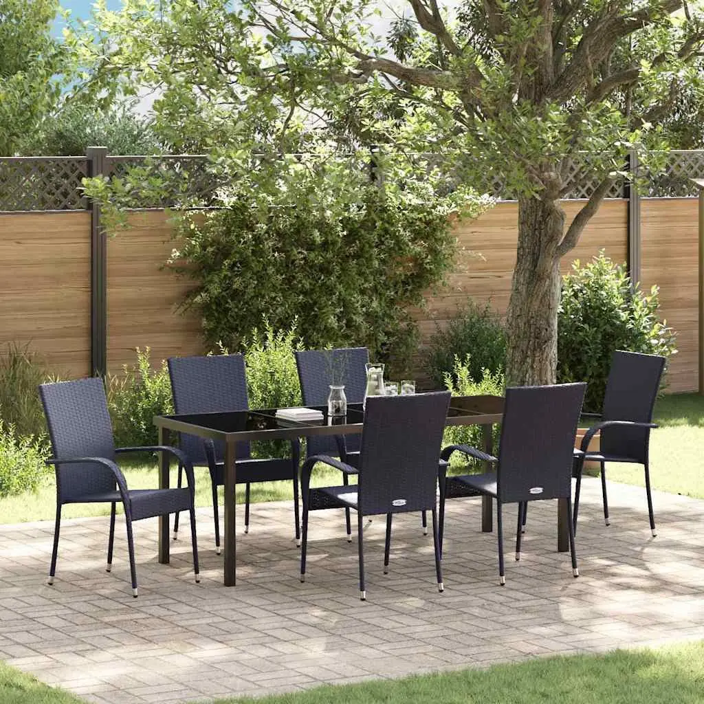 7 Piece Outdoor Dining Set Rectangular Table Rattan Black Steel Frame