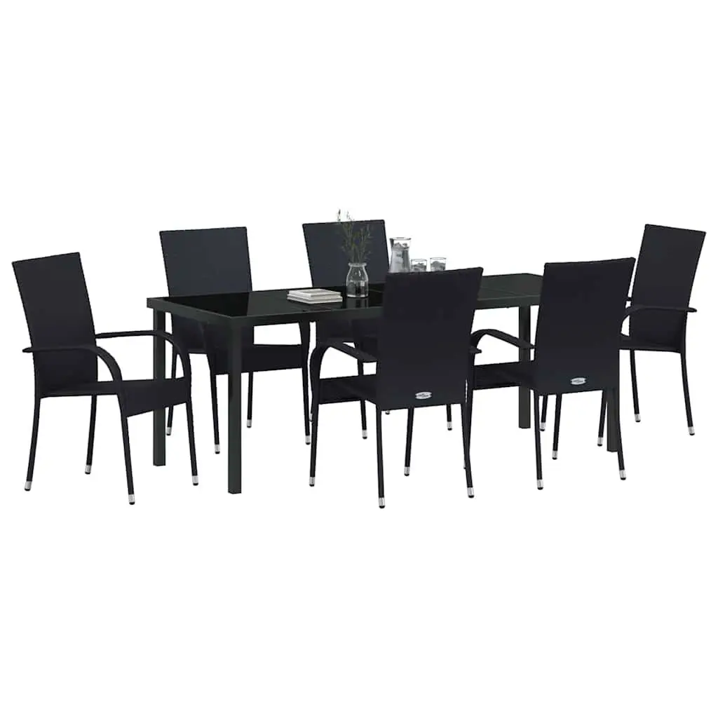 7 Piece Outdoor Dining Set Rectangular Table Rattan Black Steel Frame